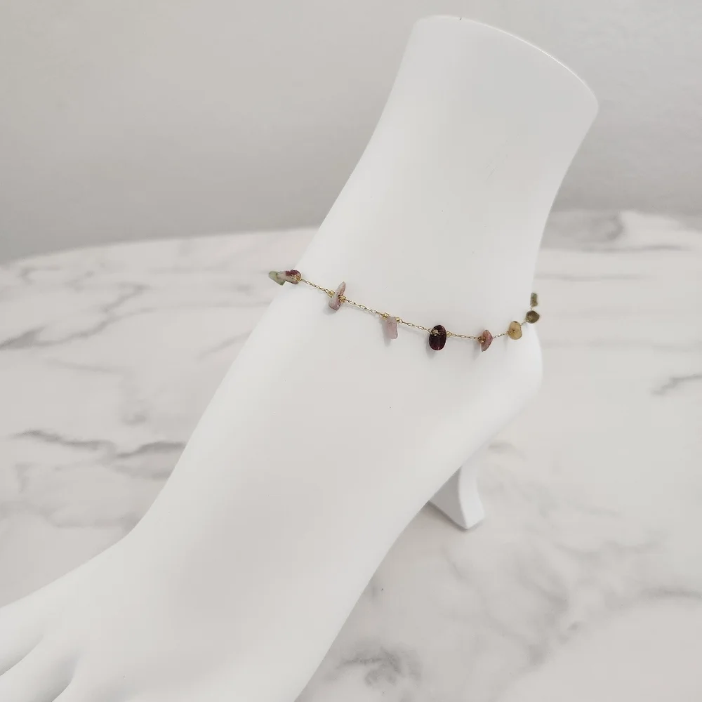 Minimalist Multicolor Dainty Stones 18K Gold Plated Anklet - Picture 6 of 15